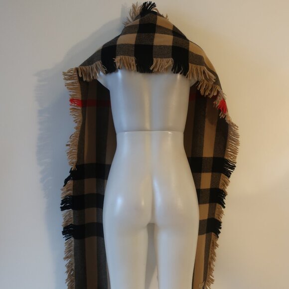 Womens Burberry Camel Black Red Wool Nova Check Print Fringed Scarf - Picture 7 of 10